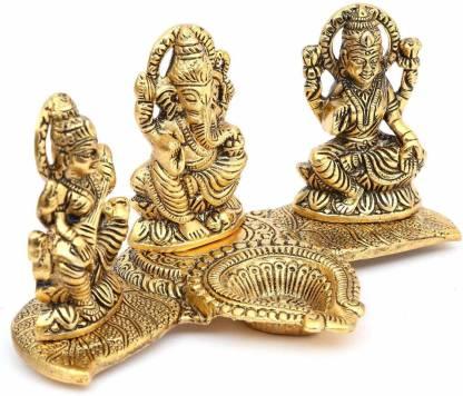 Trendhubs Design Gold Plated Lakshmi Ganesh Saraswati Idol with Deepak Showpiece