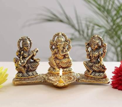 Trendhubs Design Gold Plated Lakshmi Ganesh Saraswati Idol with Deepak Showpiece