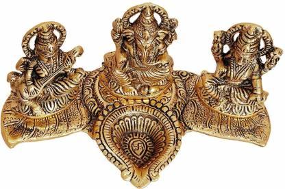 Trendhubs Design Gold Plated Lakshmi Ganesh Saraswati Idol with Deepak Showpiece
