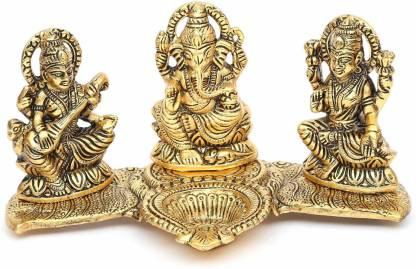 Trendhubs Design Gold Plated Lakshmi Ganesh Saraswati Idol with Deepak Showpiece