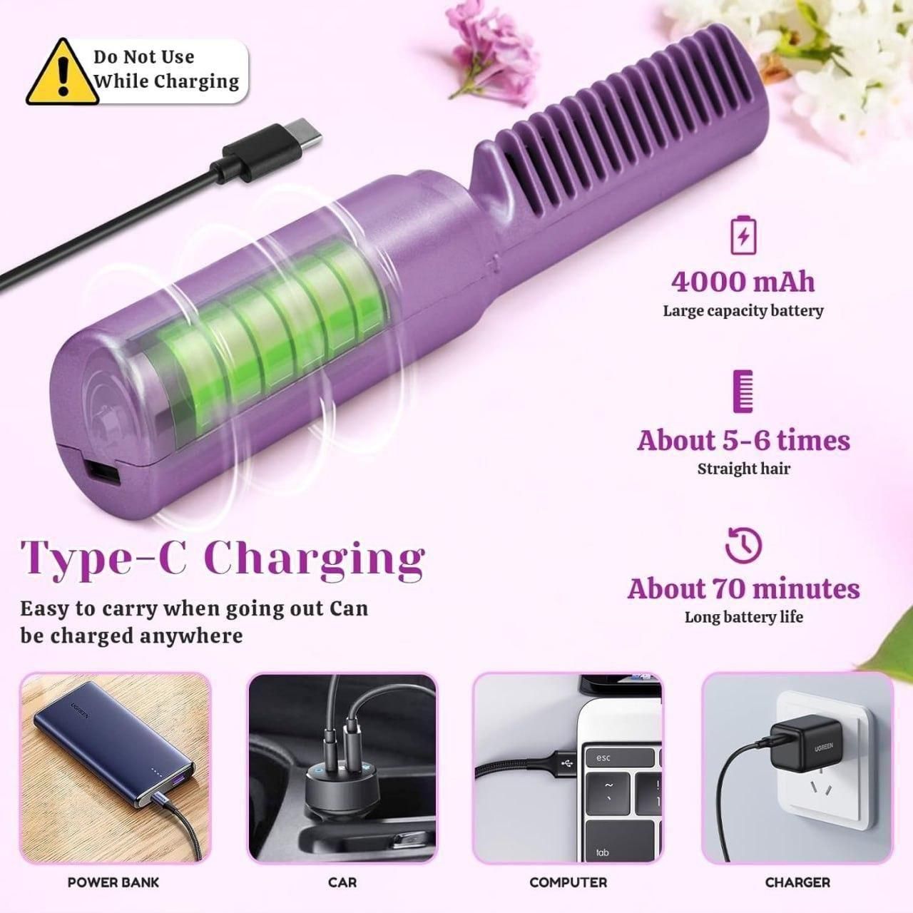 Trendhubs Meneflix Portable Mini Hair Straightener Cordless Rechargeable Mini Adjustable Hair Straightener Hot Comb
